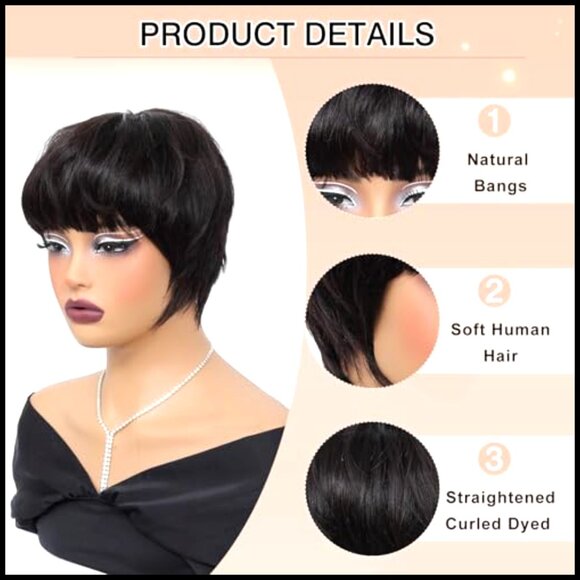 Short Pixie Cut Wig Human Hair Glueless Layered Bangs Straight Contemporary